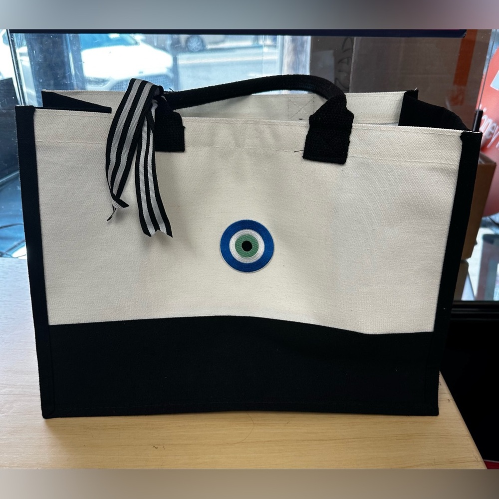 Black and White Structured Tote with Ribbon Accent